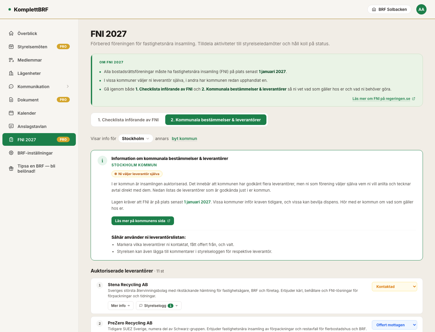 FNI 2027 i KomplettBRF — kommunens bestämmelser och leverantörslista med kontaktstatus