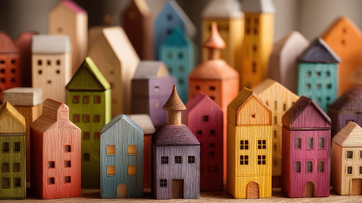 Färgglada miniatyrträhus som symboliserar bostadsrättsföreningar